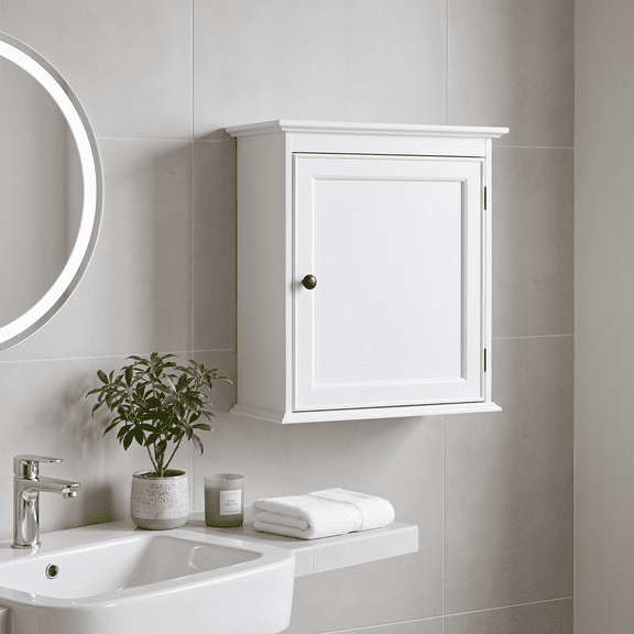 PAWON Small Bathroom Wall Cabinet, Single Door Medicine Cabinet Organizer, White