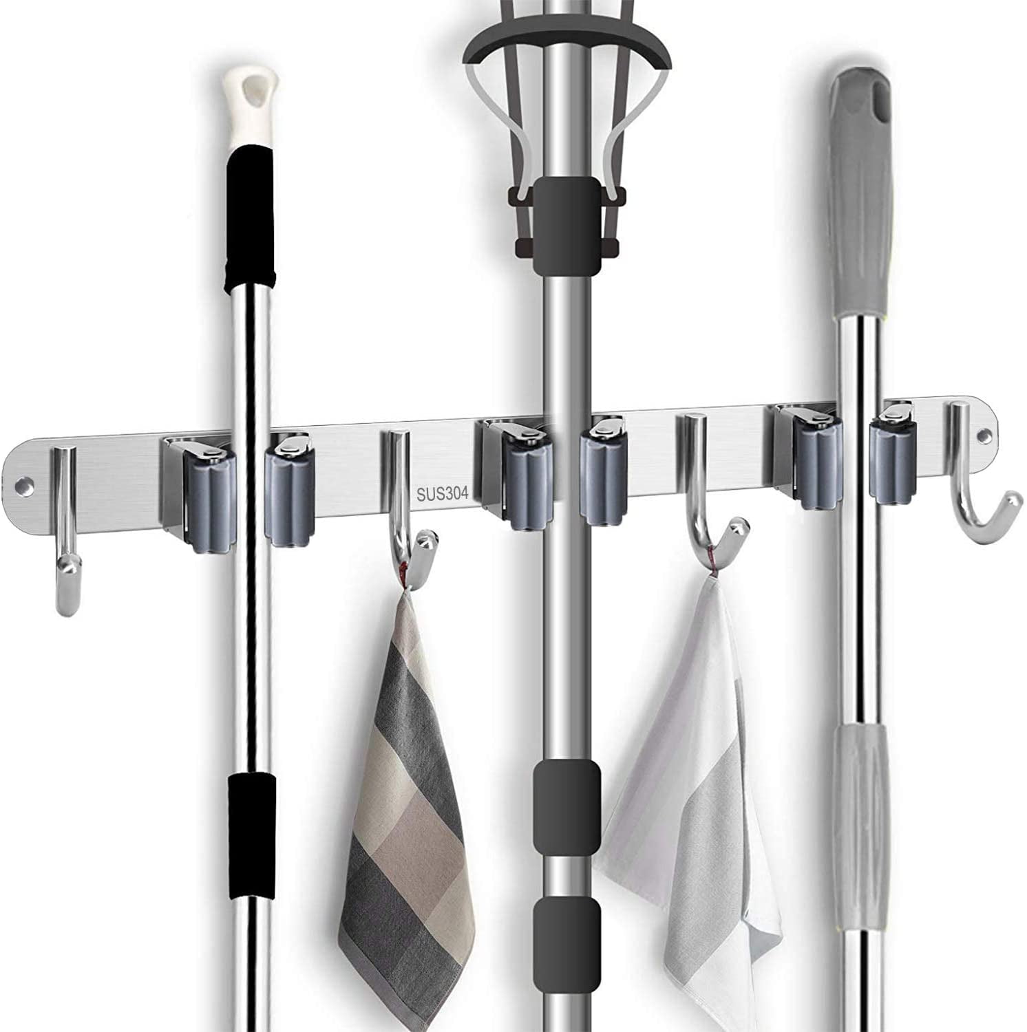 Wall Mounted Stainless Mop Holder With 3 Clips And 4 Hooks For Kitchen