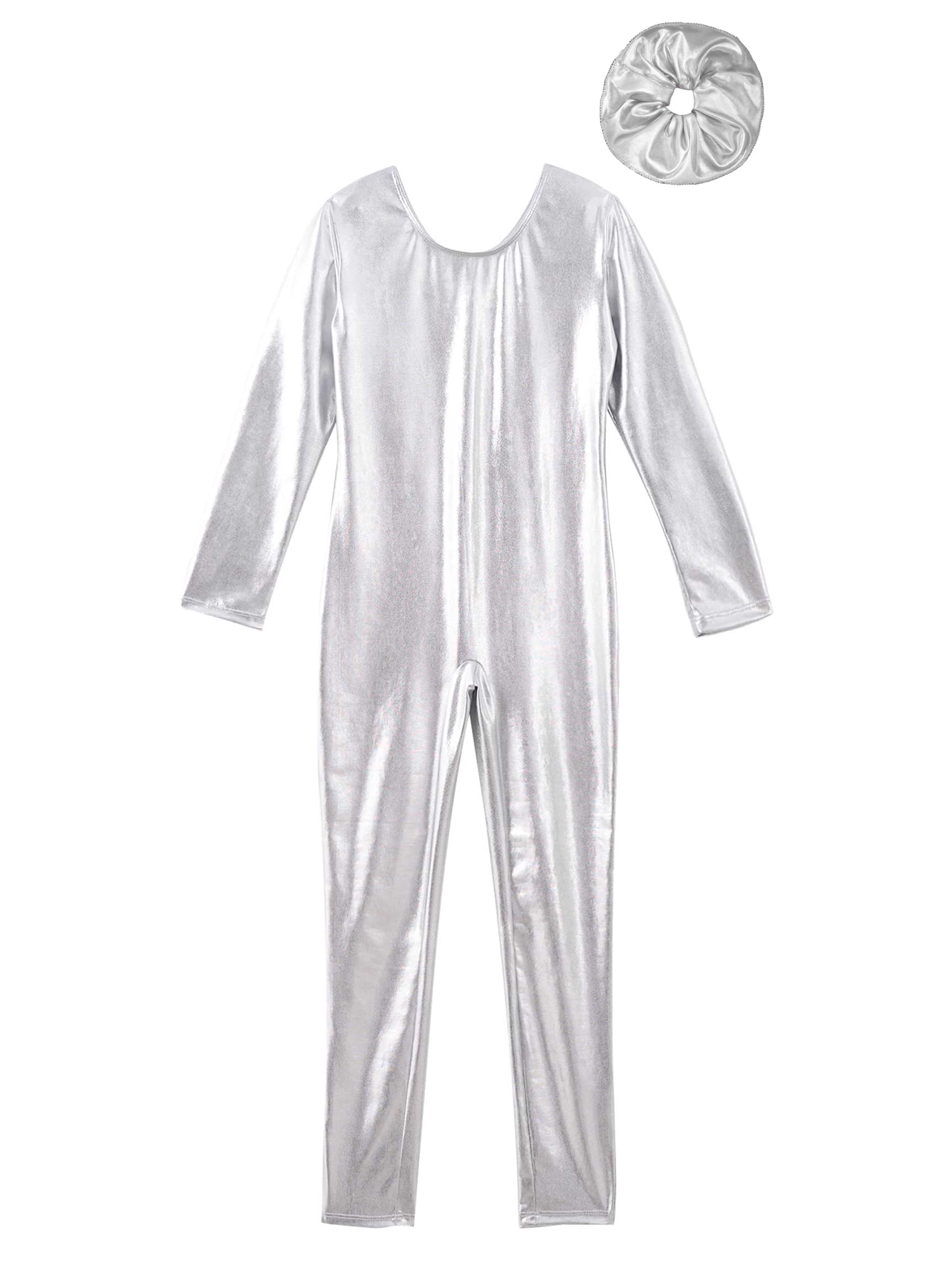Doomiva Kids Girls Shiny Metallic Long Sleeve Full Body Bodysuit One Piece Jumpsuit with Hair Band Set A Silver 4