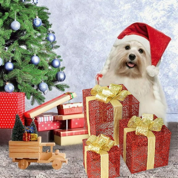 Uuiauoio 3 Pack LED Lighted Gift Boxes Outdoor Stackable Holiday Decor Set Illuminated Present Displays for Yard Patio Christmas Decorations​​，3AA Without Battery