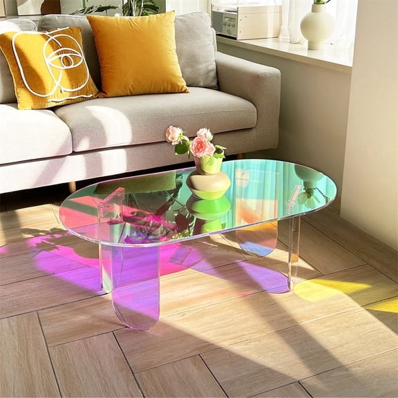 Iridescent Acrylic Coffee Table Sofa Side Table for Living Room Storage Display, 37.4x19.7x14.2 inch