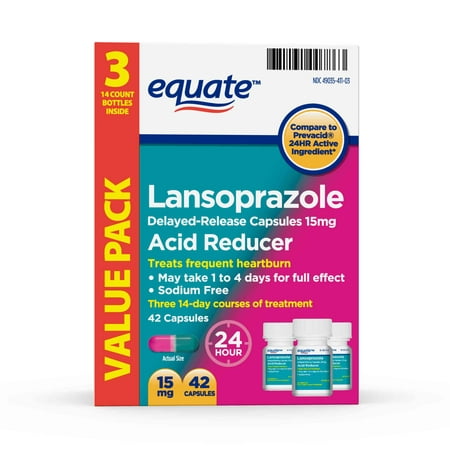 (2 pack) (2 Pack) Equate Acid Reducer Lansoprazole Delayed Release Capsules, 15 mg, 42 Ct, 3 Pk - Treats Frequent Heartburn