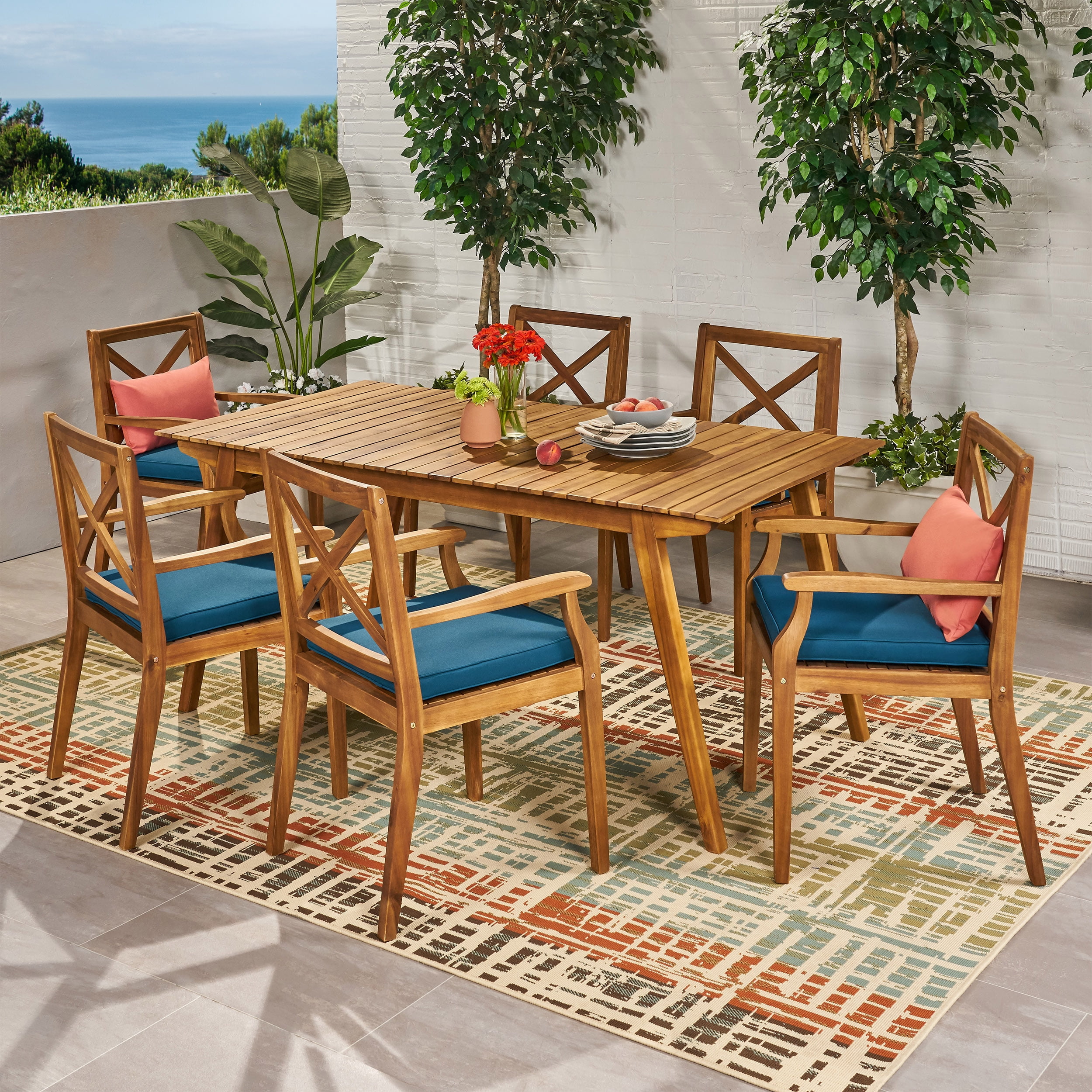 Jaxon Outdoor 6 Seater Acacia Wood Dining Set with Cushions, Teak, Blue
