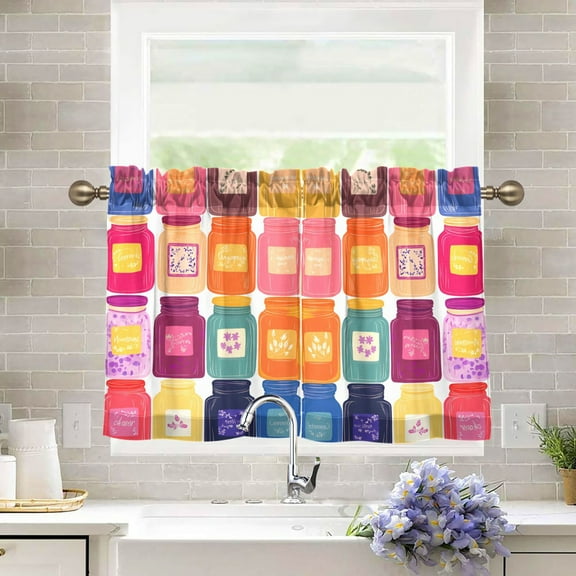 Yayeee Kitchen Curtains Tier Pair Light Filtering 27"x36" Rod Pocket Short Cafe Window Panel, Colorful Jars