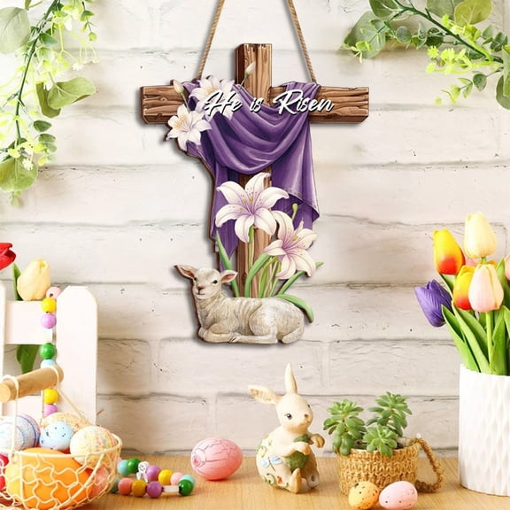 Easter Door Sign He Is Risen Hanging Decor Religious Cross Sign Easter Wreaths for Front Door Christian Flowers Lent Hanging Hanger for Farmhouse Front Porch Wall Decor