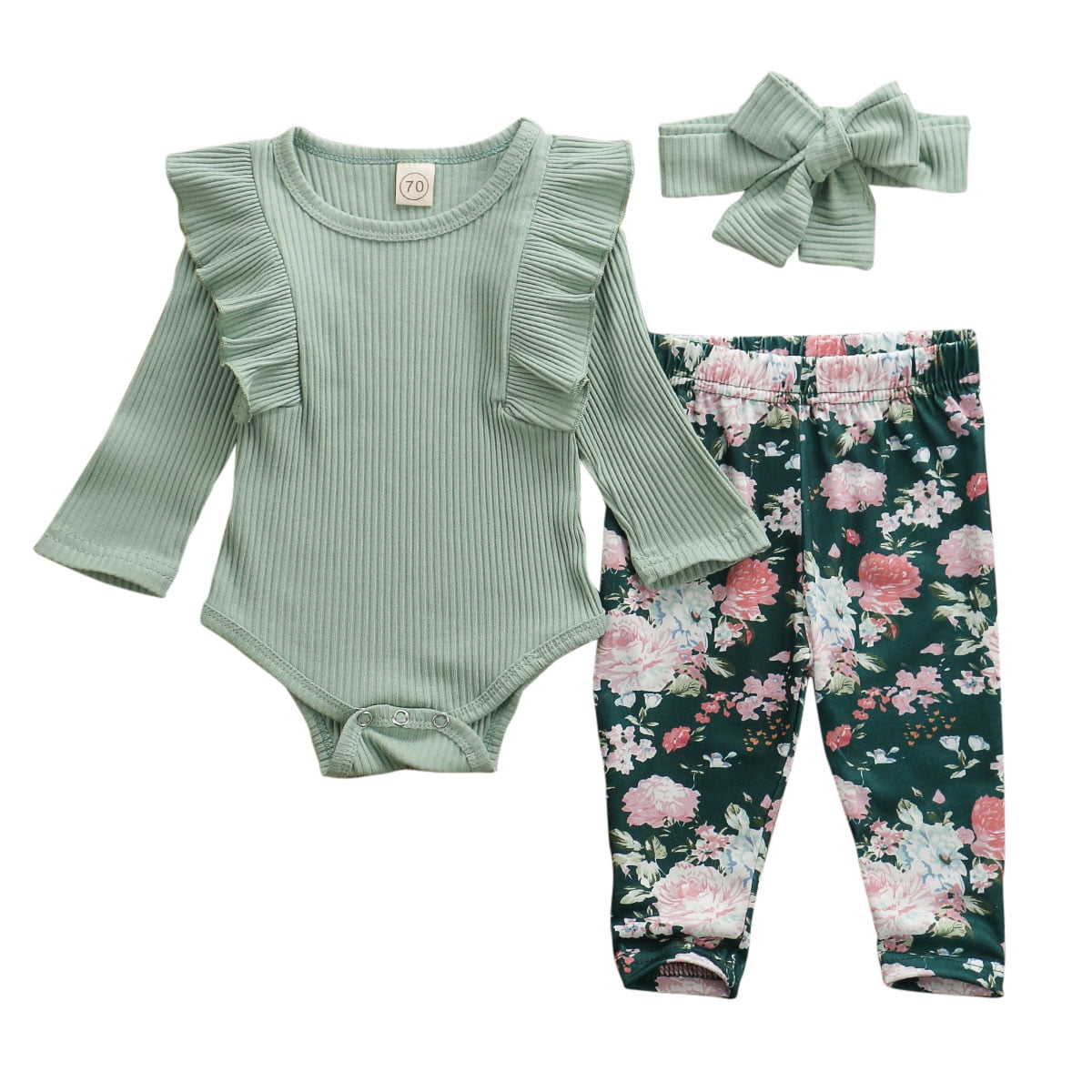 3pcs Baby Girl Solid Ribbed Cotton Long-sleeve Ruffle Romper and Trousers Set