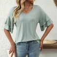 thumbnail image 6 of Womens V-Neck Tops Dressy Double Layer Bell Sleeve 3/4 Length Ruffle Sleeve T Shirts Bean Green L, 6 of 8
