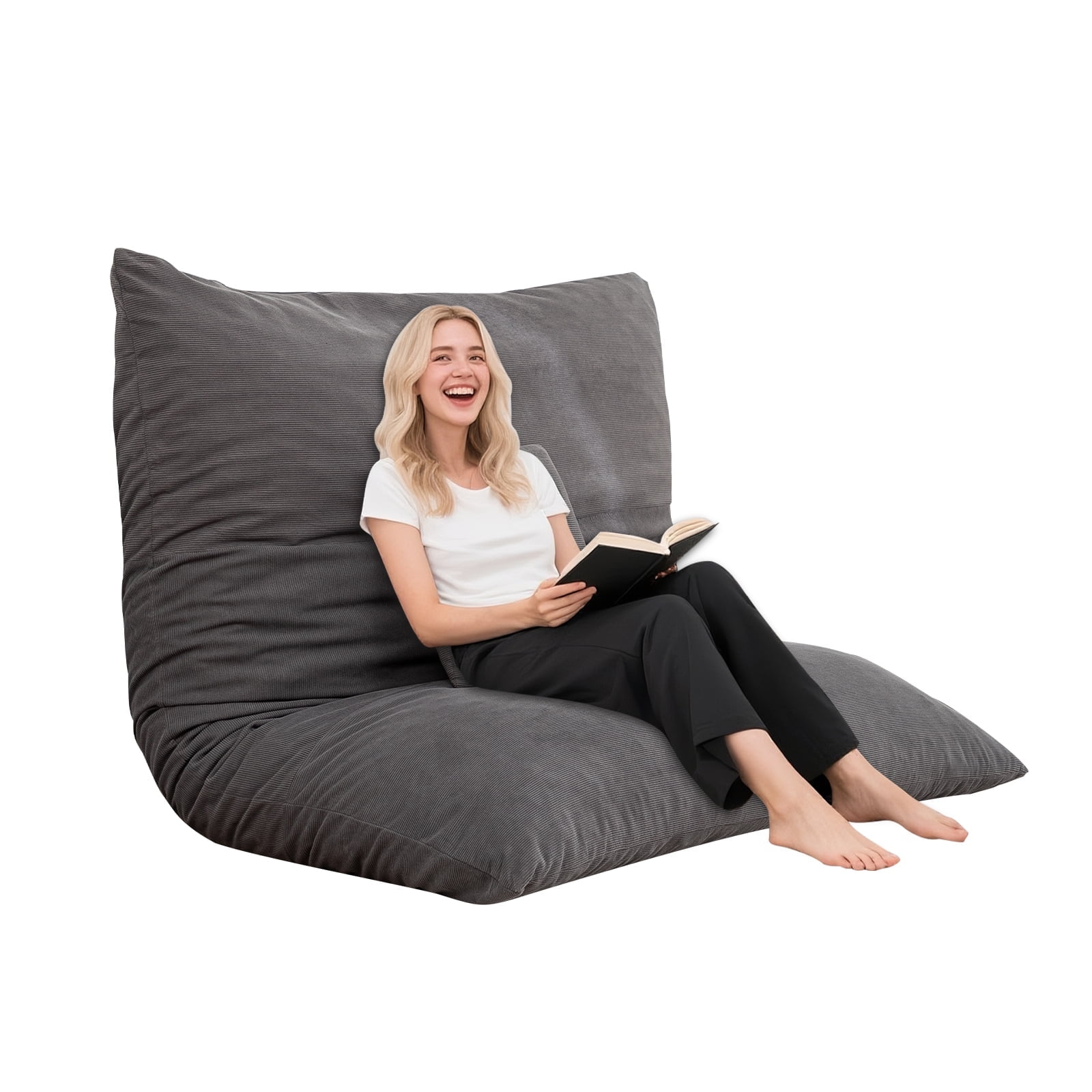 LEHZROAJ 3 in 1 Corduroy Bean Bag Chair with Pillow, Cozy Folding Sofa Bed for Adults Memory Foam Filled No Assembly for Living Room Bedroom,Gray