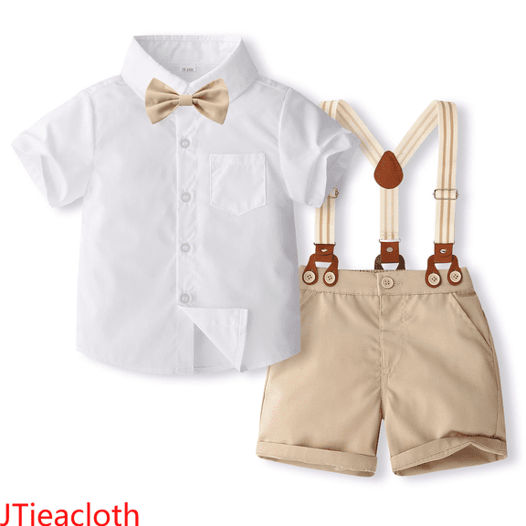 JTieacloth 2Pcs Boys Pants Set Boys' Solid Color Shirt & Suspenders Set | Summer Formal Suit For Kids | Stage & Party Outfit,Sizes 3-4 Years(White)