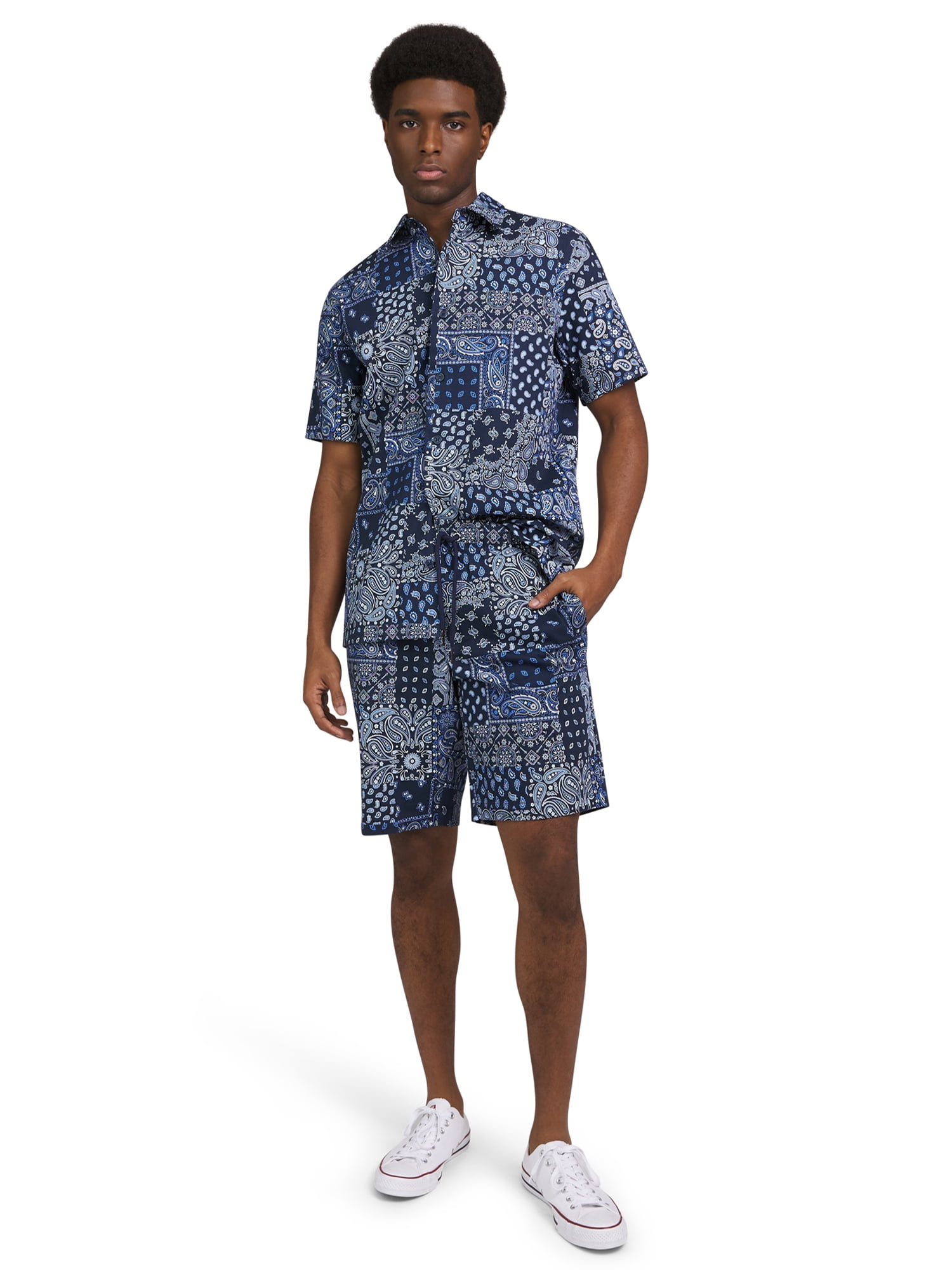 Dogg Supply by Snoop Dogg Men's & Big Men’s Cotton Stretch Paisley Print Patchwork Button-Down Short Sleeve Shirt, Sizes XS-3XL