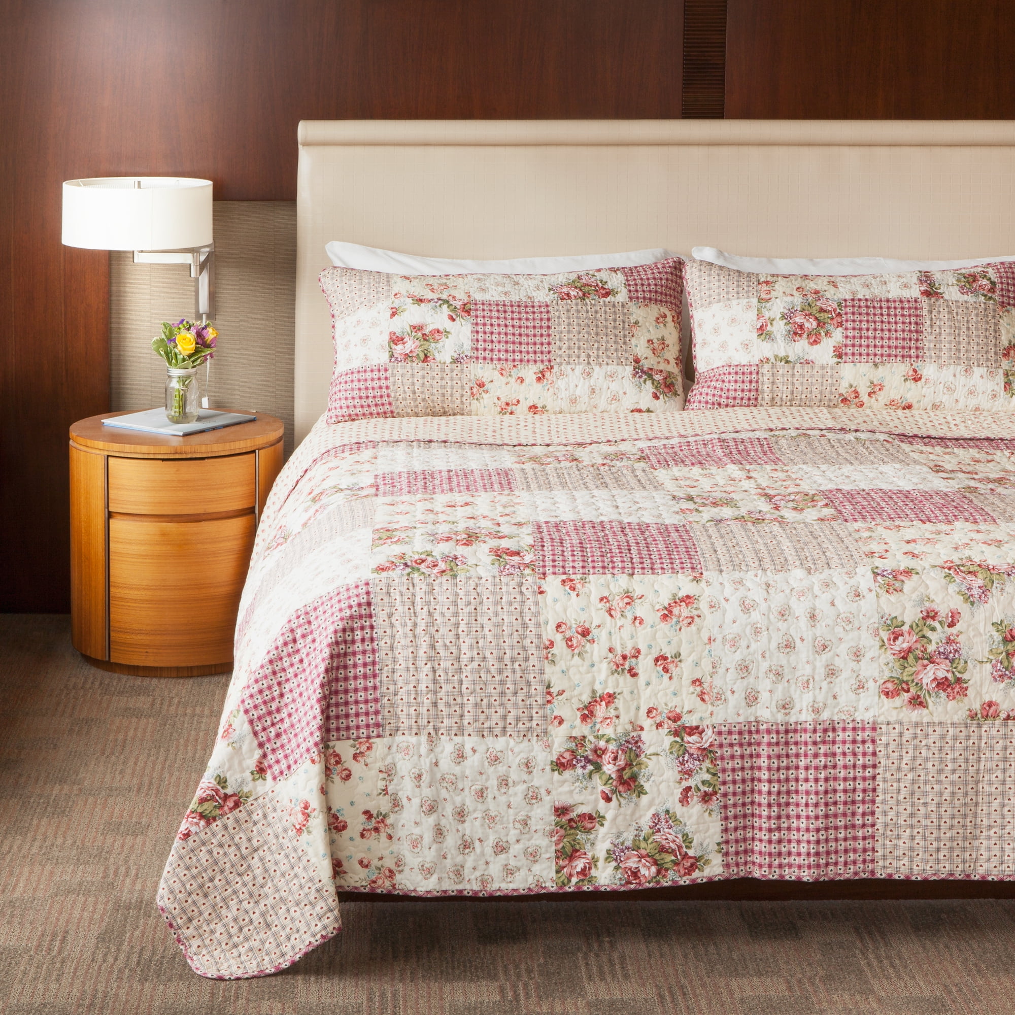 SLPR Country Roses 3-Piece Patchwork Cotton Bedding Quilt Set - Queen