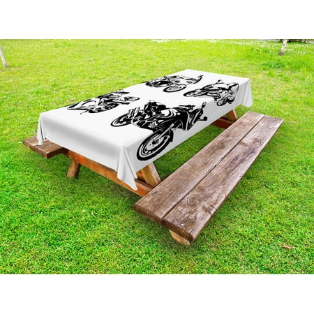 

Motorcycle Outdoor Tablecloth Cartoon Motorbike Speed Race Exciting Sport Hobby Lifestyle on the Roads Print Decorative Washable Fabric Picnic Tablecloth 58 X 120 Inches Orange Black by Ambesonne