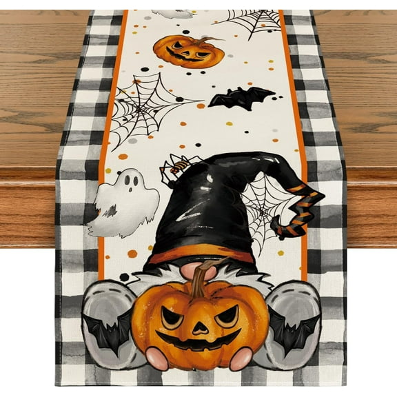 Buffalo Plaid Gnome Bat Pumpkin Ghost Halloween Table Runner, Sensonal Kitchen Dining Table Decor for Home Party 13 x 72 Inch