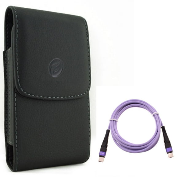 For Google Pixel 6a - Purple 6ft PD Cable w Case Belt Clip, Type-C to USB-C Long Charger Cord Power, Leather Holster Cover for Google Pixel 6a Phones