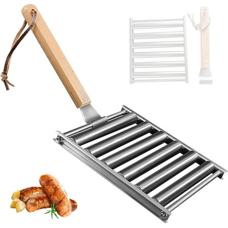 Stainless Hot Dog Roller for Grill with Wood Handle for Evenly Cooked Hot Dogs, 5 Hot Dog Capacity, Suitable for Various Restaurants, Snack Bars, Canteens, Workshops, Markets, Home