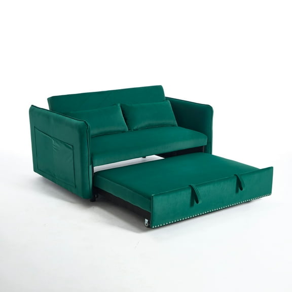 3 in 1 Convertible Sleeper Futon Sofa Bed, 55" Velvet Small Loveseat Lounge Couches with 2 Pillows, Reclining Backrest, Side Pockets for Living Room, Pull-Out Couch (Green)
