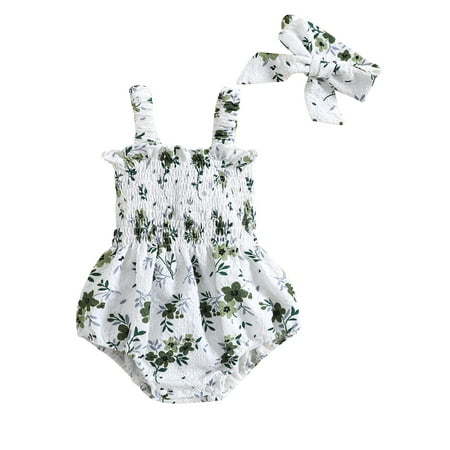 

Musuos Baby Girl Strap Halter Romper Floral Print Pleated Bodysuit with Headband