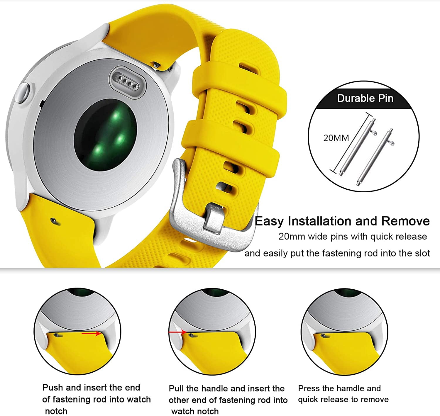 CRKMGS-Compatible with Garmin Vivoactive 5 Watch Band/Vivoactive 3 Watch Bands,20mm Silicone Band for Garmin Venu 2 Plus/Venu Sq/Venu Watch Bands/Forerunner 645/245 Music Smartwatch Yellow