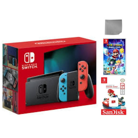 Nintendo Switch with Neon Red & Neon Blue Joy-Con (International Edition) Bundle with Mario Rabbids: Sparks of Hope & 128 gb Nintendo SD card & Cleaning Cloth