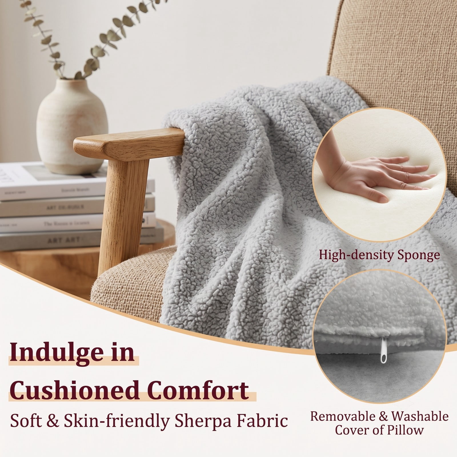 Furnibear Modern Accent Chair with Lumbar Waist Pillow and Cushioned Armrests, Soft Sherpa Upholstered Single Sofa Chair for Bedroom, Living Room, Nursery, Holds, Gray