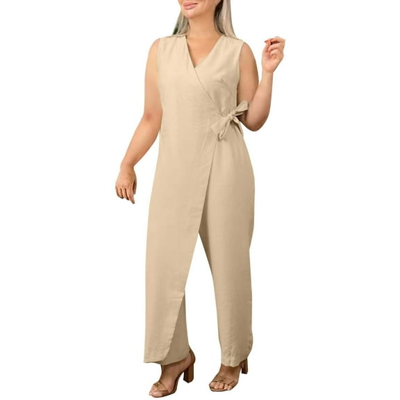 HSHMT Women Casual 2 Piece Women's Cotton And Linen Casual Loose V Neck Belt Jumpsuit Summer Sleeveless High Waisted Wide Leg Pants