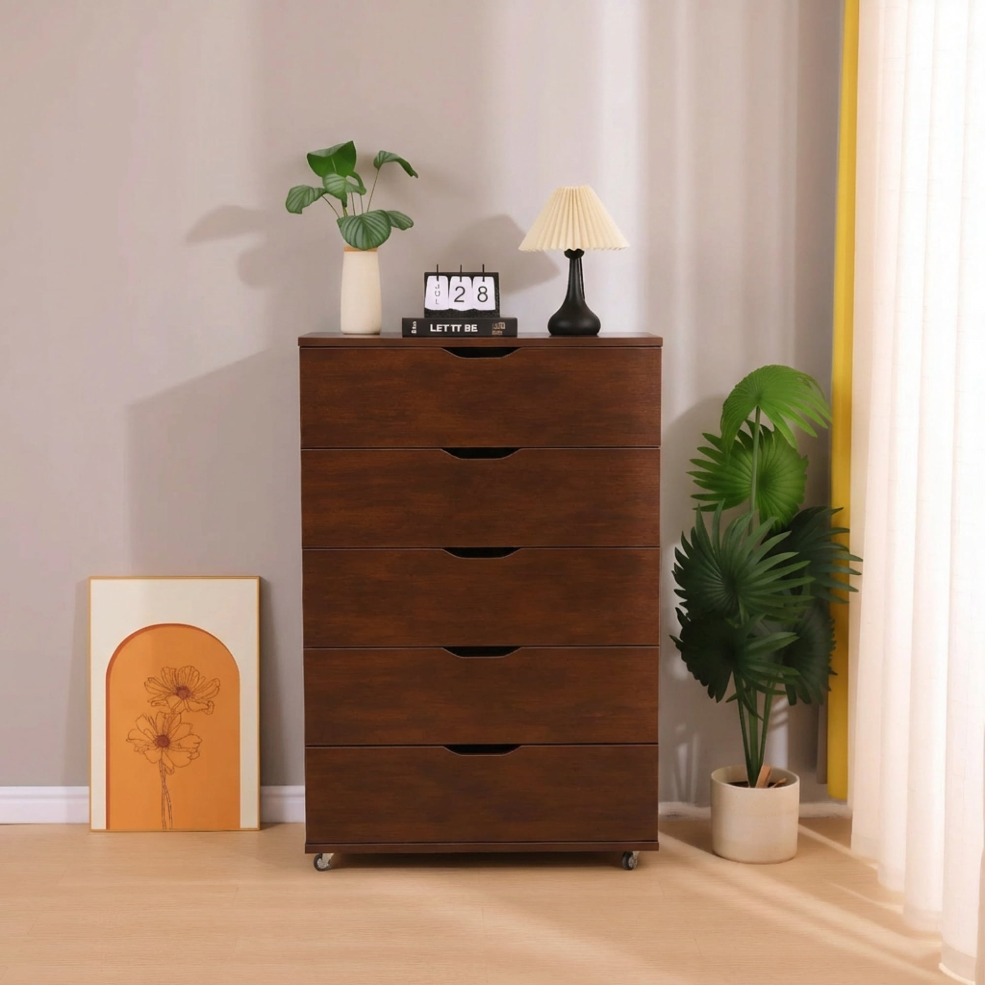 5 Drawer Dresser for Bedroom,Modern Wood Storage Cabinet with Wheels,Tall Chest of Drawers for Living Room,Hallway,Entryway,Dark Brown