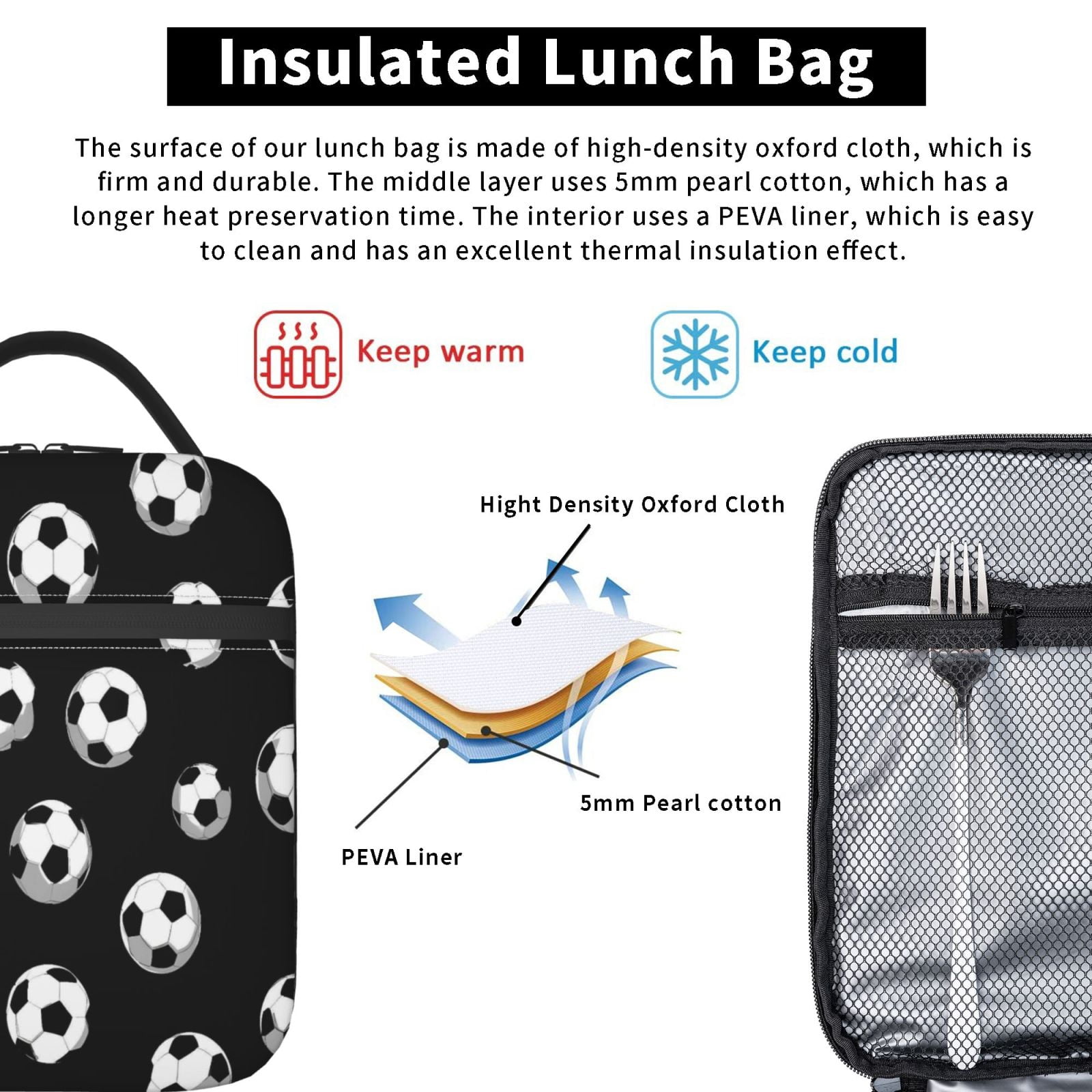Lunch Bag For Women Men Insulated Portable Lunch Box Bento Box Office Picnic Travel Cooler Bag Seamless Pattern Soccer Football