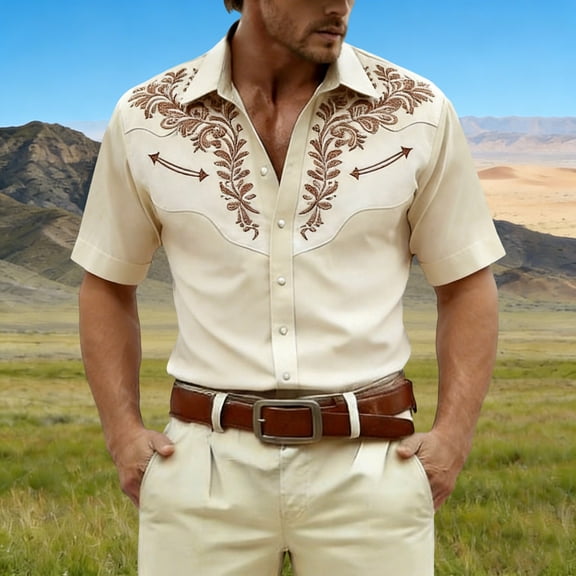 HOWPAY Button down Shirts for Men Short Sleeve Summer Western Cowboy Print Beach Vacation Tee Regular Fit Casual Lightweight Comfy Clothes Beige L