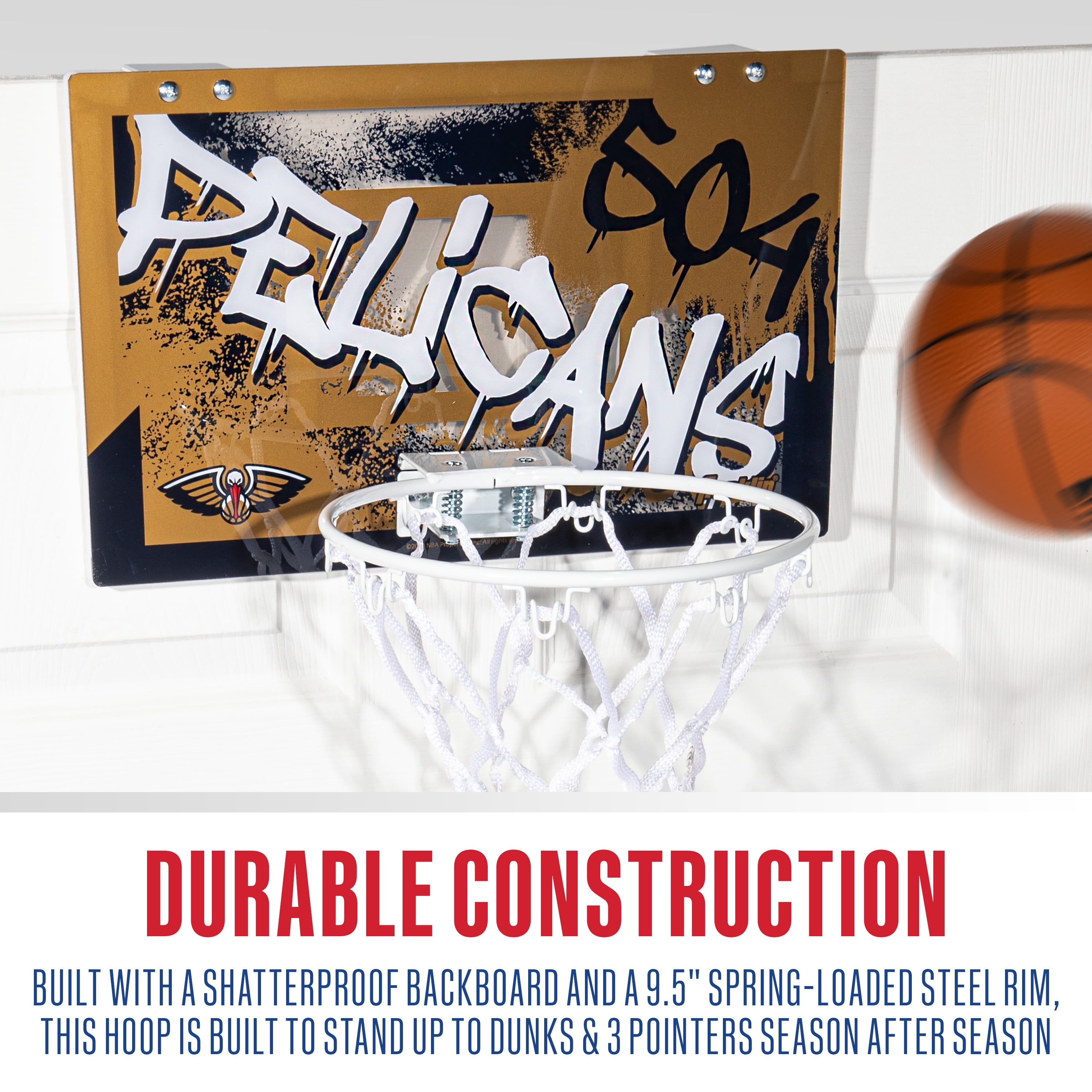 Franklin Sports NBA New Orleans Pelicans Over the Door Basketball Hoop - Kids Indoor Basketball Hoop with Mini Basketball - NBA Fan Shop Mini Hoop for Bedroom + Office - Over the Door Mini Hoop Set
