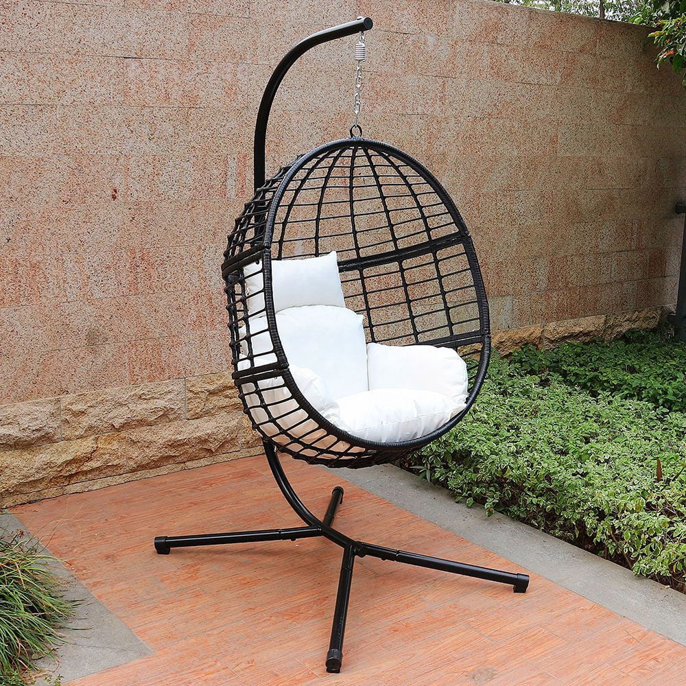 Abble Wicker Egg Hanging Chair with Cushion and Stand, Black/White