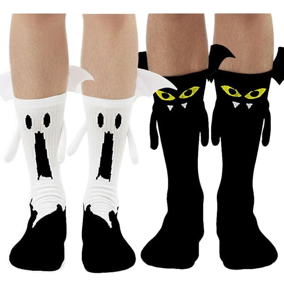 OHOB-COOL Magnetic Holding Hands Socks (2 Pairs) - Unisex Halloween Skull Style with 3D Eyes, Cute Couple Festive Gift