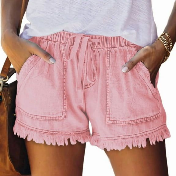 Women'S Summer Mid Waist Elastic Denim Shorts Stretchy Short Casual Hot Pants with Pockets Light Pink XXL