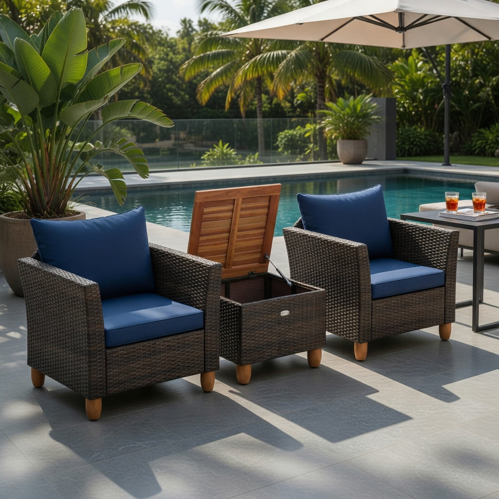 Hommoo 3-Piece Outdoor PE Wicker Patio Furniture Set with Navy Cushions, Acacia Wood Storage Coffee Table & Heavy-Duty Metal Frame, Navy