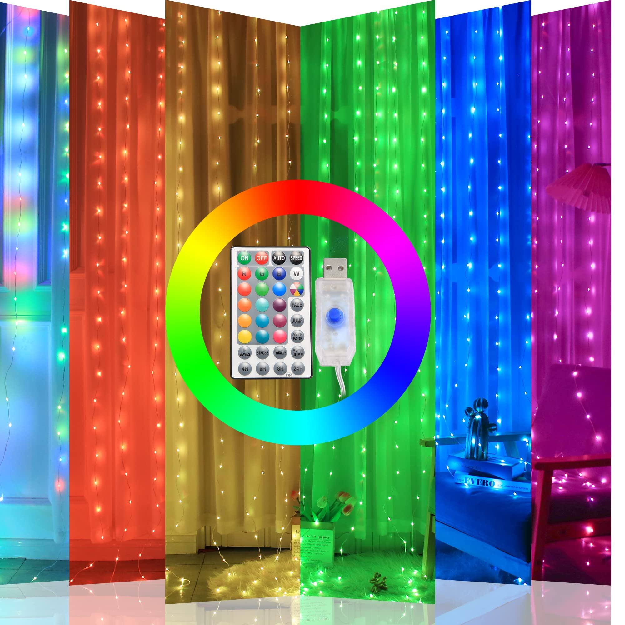 Color Changing Window Curtain String Lights 300 LED RGB Fairy