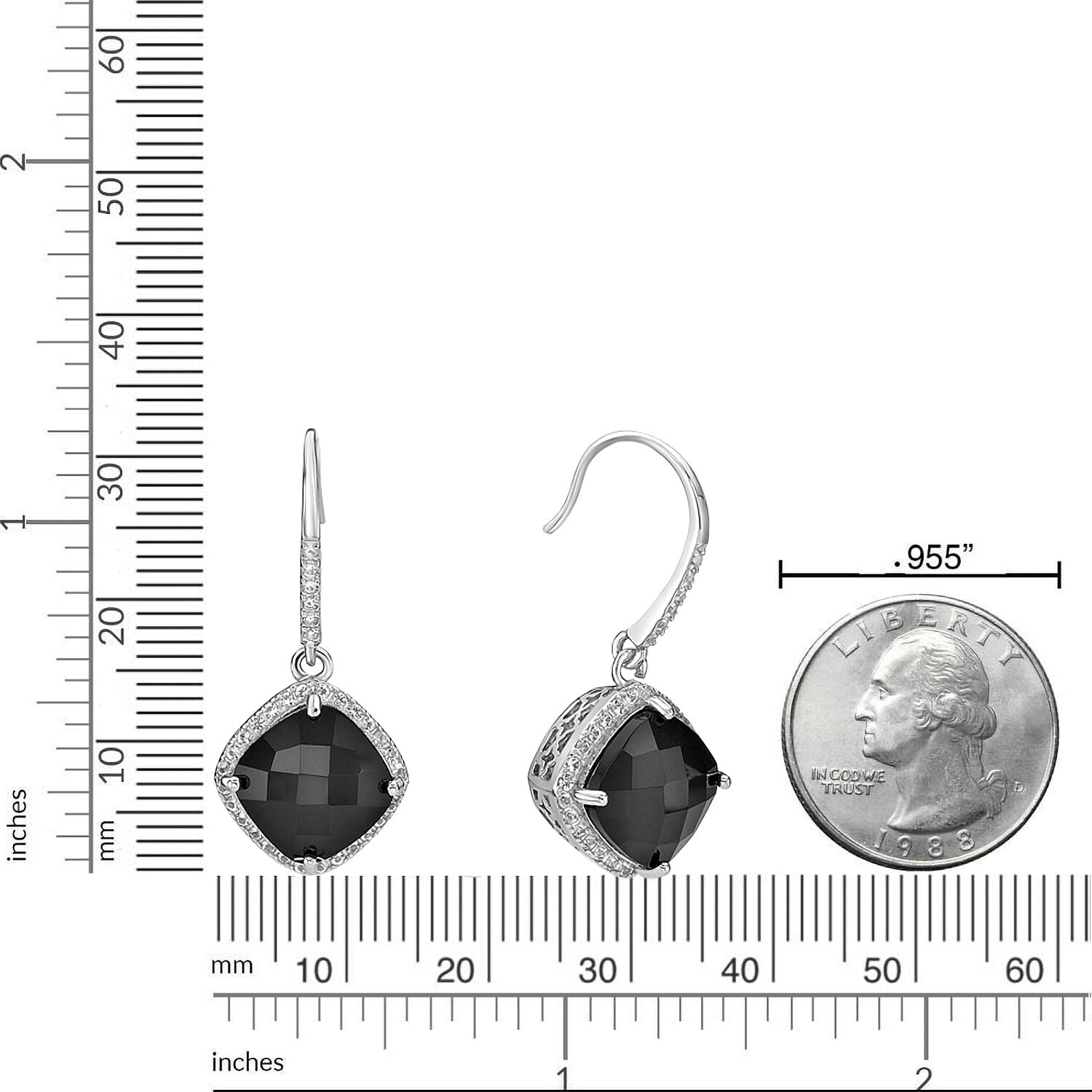 925 Sterling Silver Fish Hook Earrings With 10MM Cushion Black Onyx Fine Jewelry