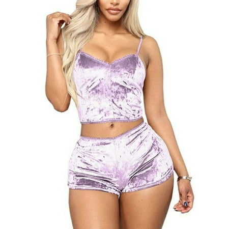 

Women Lingerie Set Slim Solid Color Sling Crop Top + Short Elastic Band Pants