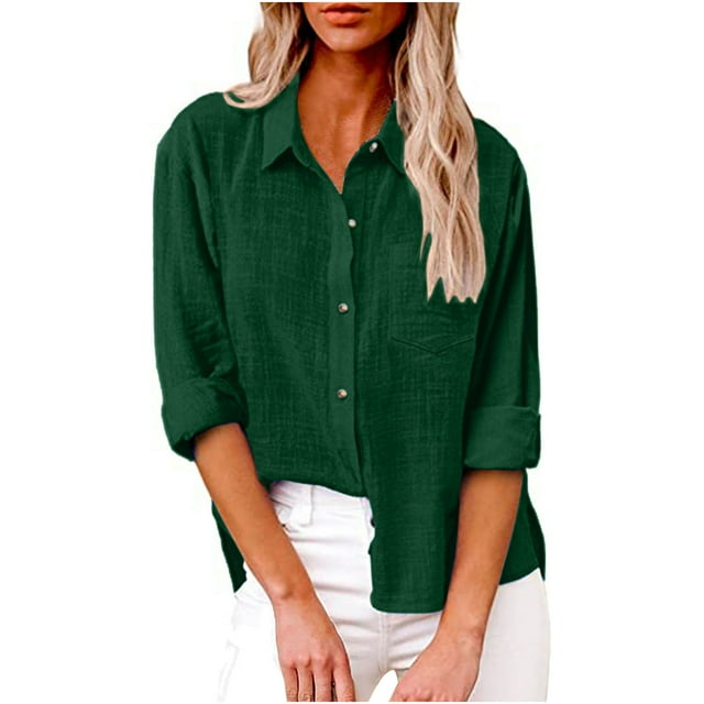 Timegard Cotton Linen Tops for Women Plus Size Button up Shirts Fall Casual Solid Color Tops Blouse