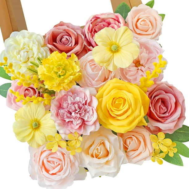 Ramo de flores artificiales Serwalin de seda rosa y amarilla para bricolaje