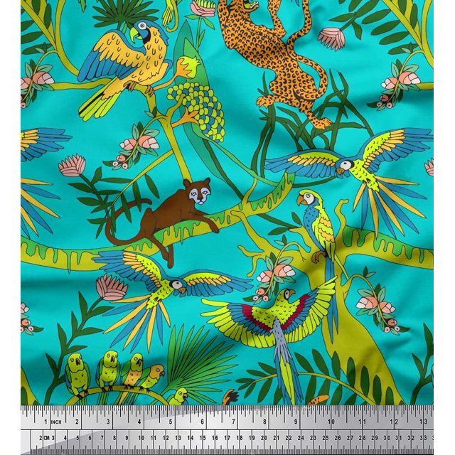 Soimoi Silk Fabric Branches,Parrot & Leopard Jungle Print Sewing Fabric Yard 42 Inch Wide