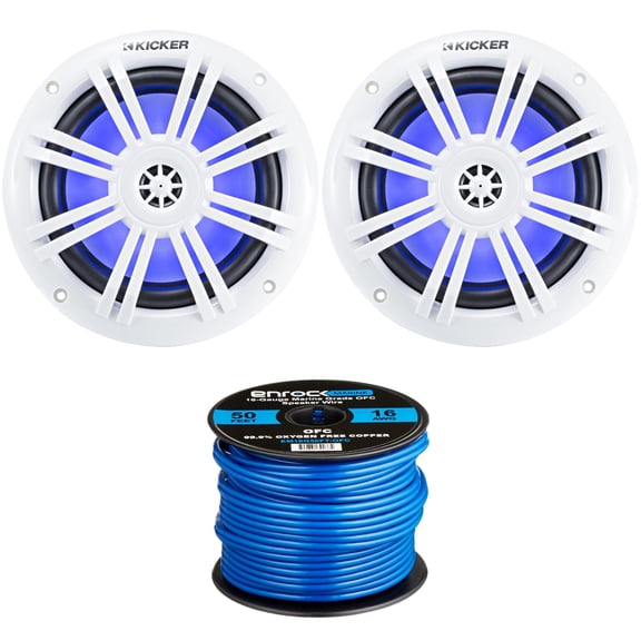 2 x Kicker 6.5" Marine Boat Blue LED Coaxial Full-Range 150W Speakers with with Enrock Marine-Grade 50 Foot 16-Gauge Tinned Speaker Wire