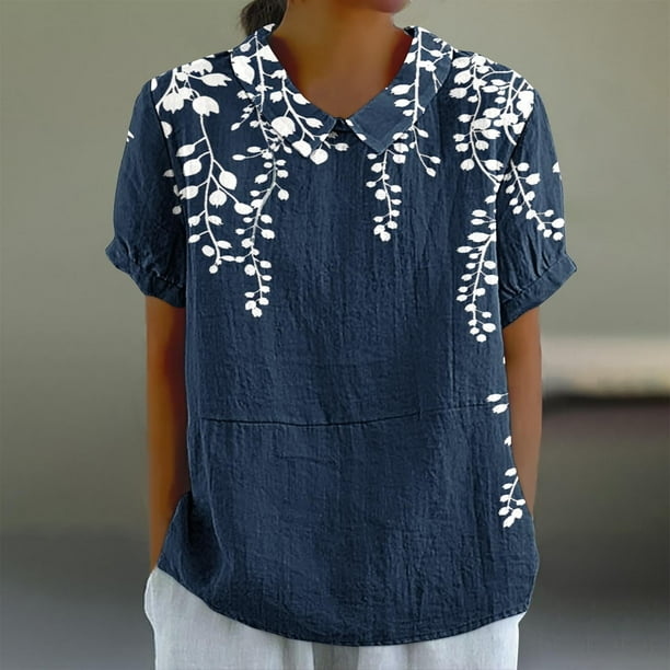 Fiudx Ofertas Relámpago Camiseta Holgada Informal con Estampado para Mujer, Tops de Manga Corta con Cuello de Muñeca, Blusa Bonita y de Lino