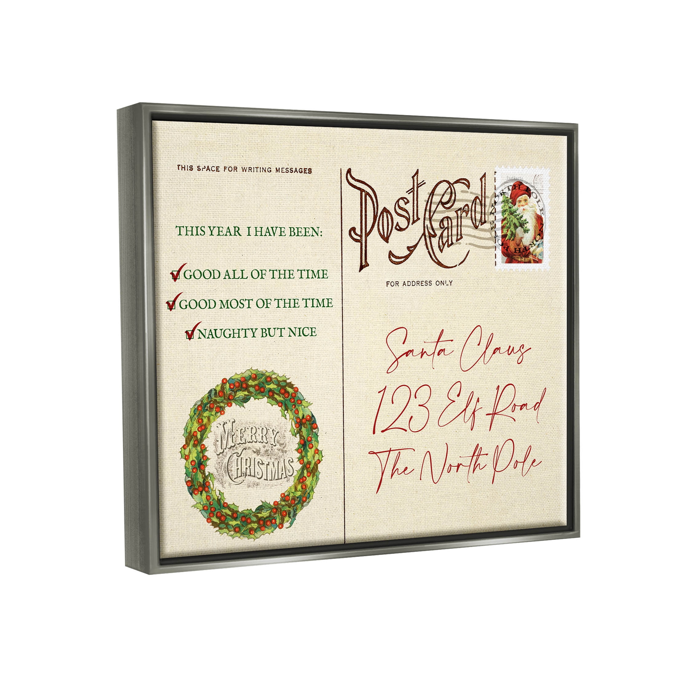 Stupell Industries Merry Christmas Vintage Postcard Graphic Art Luster Gray Floating Framed Canvas Print Wall Art, Design by Lil' Rue