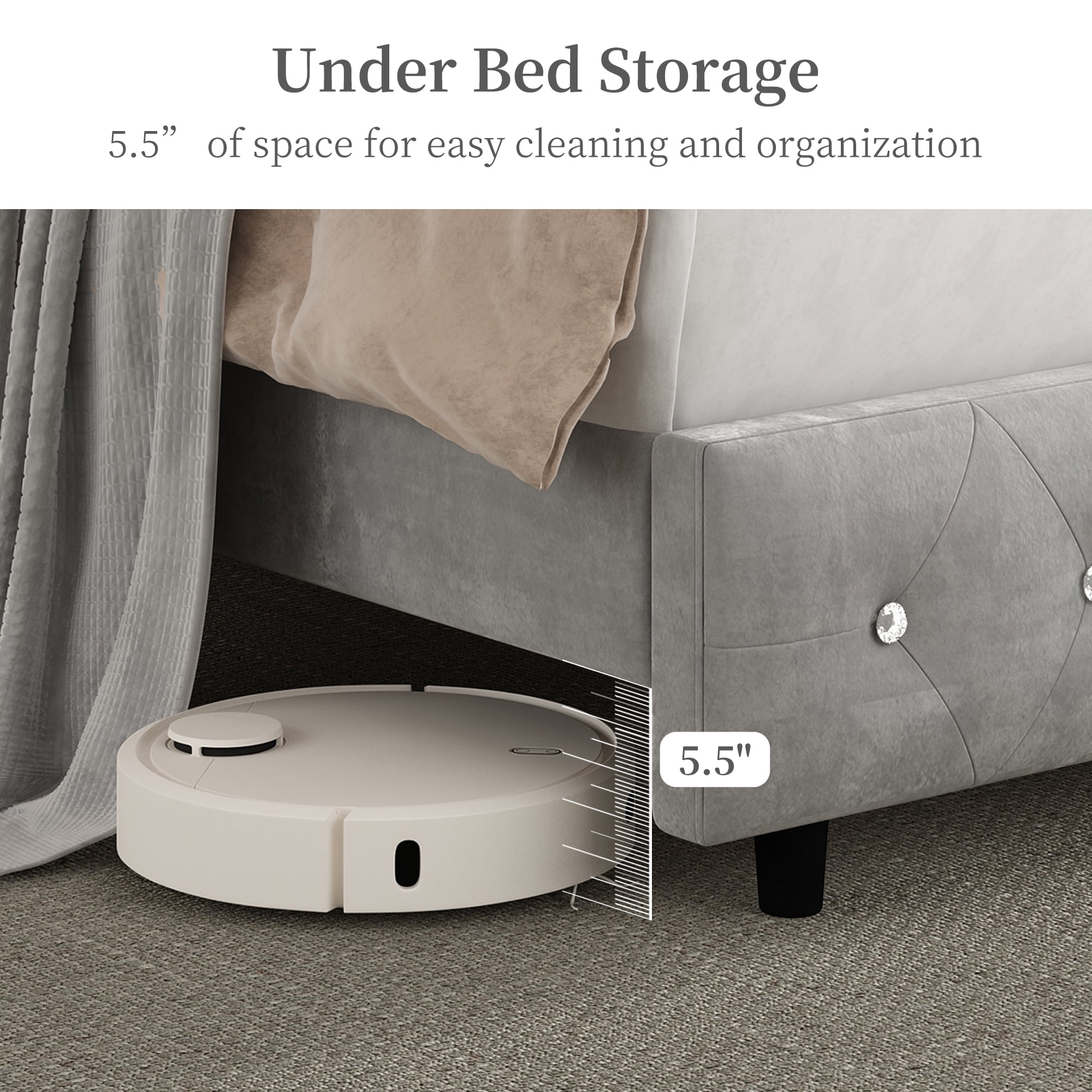 SIBEDS Queen LED Bed Frame with Crystal Tufted Upholstered Headboard, Galaxy Projector, USB Charging, Velvet Gray