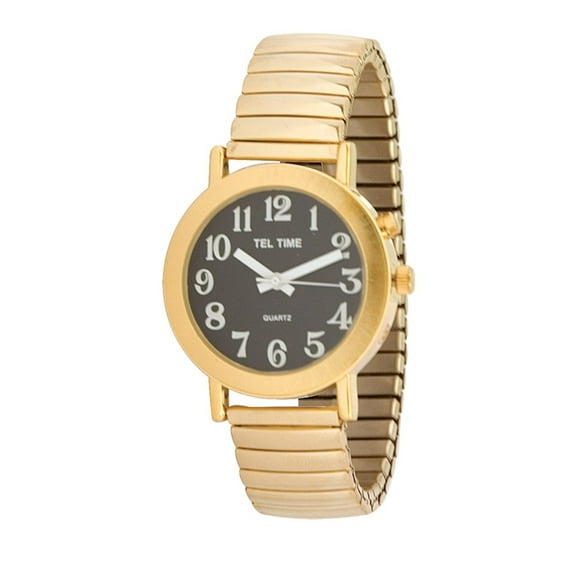 Mens Gold Tone Expansion One Button Talking Watch- Black Face