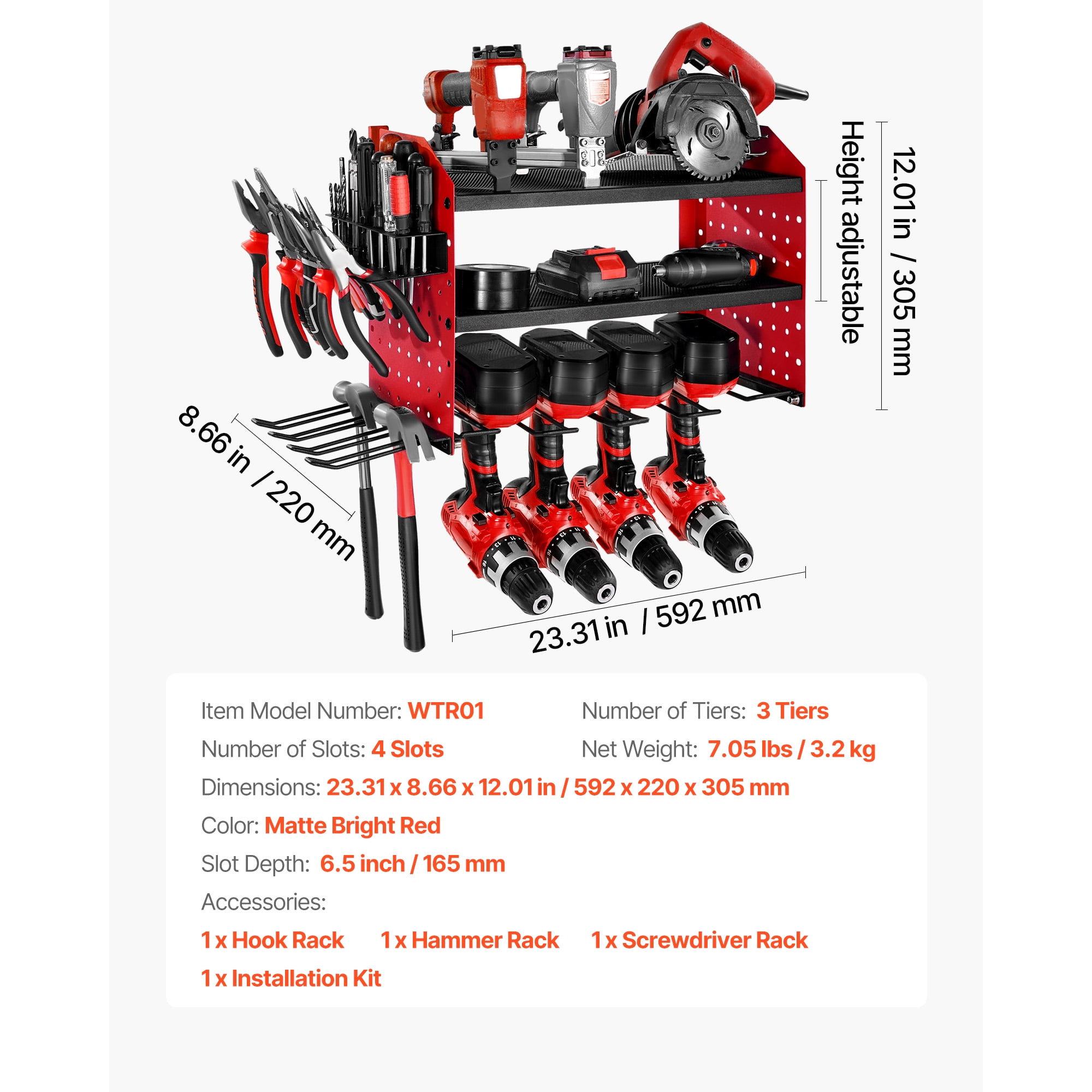 KFFKFF Wall-Mounted Power Tool Organizer, 3-Tier Storage Rack with 4 Drill Slots, Tool Holder and Storage Shelf with Side Pegboards, Ideal for Garage, Workbench, and Workshop