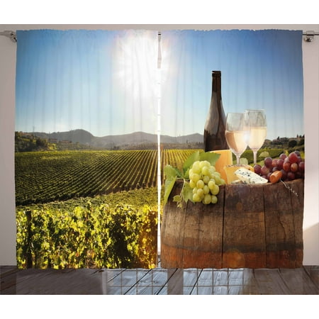 Wine Curtains 2 Panels Set, White Wine with Barrel on Famous Vineyard in Chianti Tuscany Agriculture, Window Drapes for Living Room Bedroom, 108W X 90L Inches, Green Brown Light Blue, by