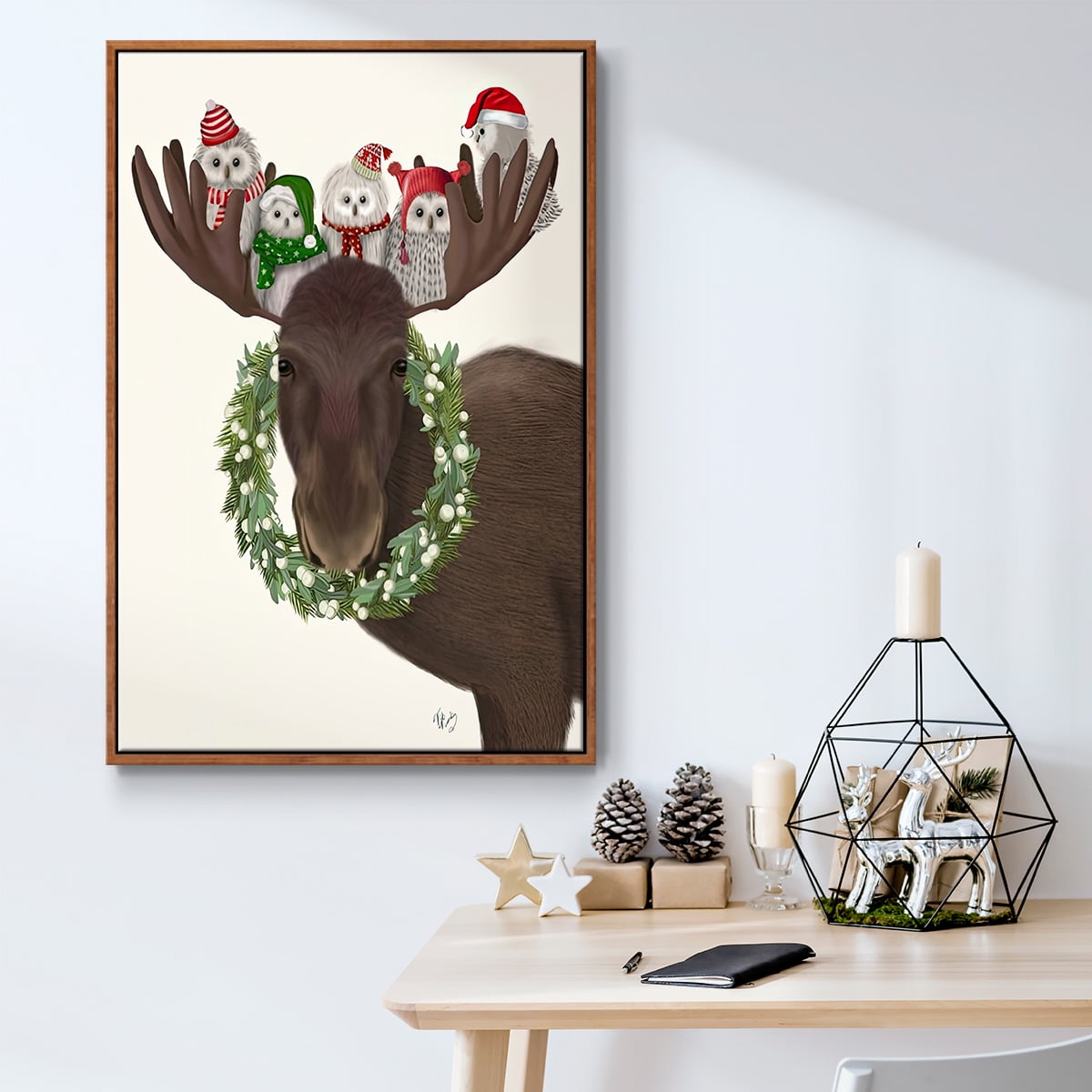 Christmas Moose and Christmas Owls - Framed Gallery Wrapped Holiday Canvas - 27 x 41 - Rosewood Frame