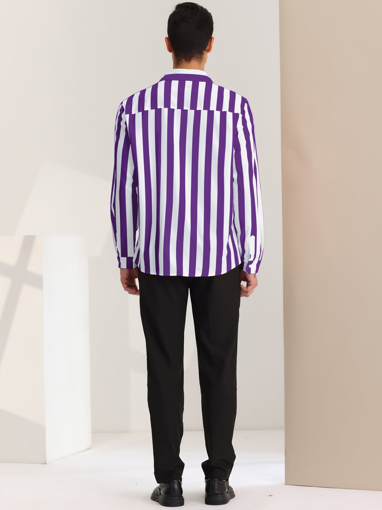 Unique Bargains Men's Casual Striped Long Sleeves Button Down Dress Shirts S Purple White