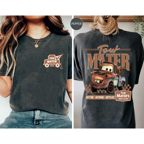 Two Sided Retro Tow Mater Towing & Salvage Welcome Radiator Springs Comfort Colors T-Shirt, Disney Cars Checkered Washed Tee, Disneyland Trip