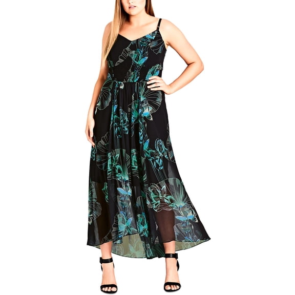 City Chic Womens Plus Noriko Floral Print Pullover Maxi Dress Black 14